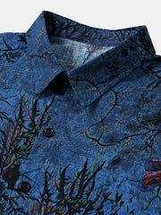 Men's Blue Vintage Floral Print Button Up Short Sleeve Shirt
