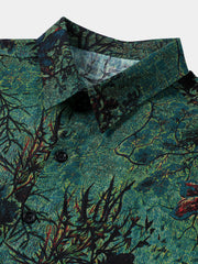 Men's Green Vintage Floral Print Soft Summer Short Sleeve Shirt