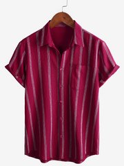 Men's Summer Striped Pocket Button Up Short Sleeve Vintage Beach Hawaiian Shirt