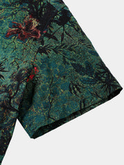 Men's Green Vintage Floral Print Soft Summer Short Sleeve Shirt