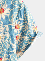 Men's Retro Beach Hawaiian Cotton Holiday Button Up Blue Short Sleeve Floral Shirt