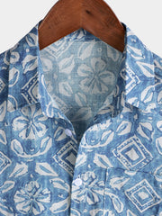 Men's Summer Floral Print Beach Blue Pocket Short Sleeve Shirt