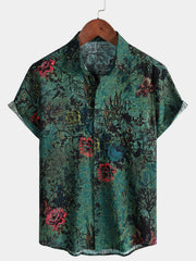 Men's Green Vintage Floral Print Soft Summer Short Sleeve Shirt