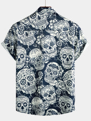 Men's Sugar Skull Floral Print Cool Button Up Funny Short Sleeve Hawaiian Shirt