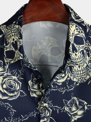 Men's Rock Skull Vintage Rose Print Button Up Short Sleeve Shirt
