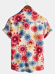 Men's Floral Cotton Daisy Flower Summer Beach Holiday Short Sleeve Hawaiian Button Up Shirt