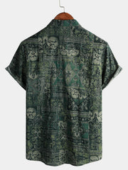 Men's Retro Floral Paisley Print Cotton Button Up Vintage Holiday Western Green Short Sleeve Shirt