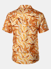Men's Yellow Tropical Print Pocket Hawaiian Short Sleeve Shirt