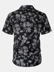 Men's Black Tropical Floral Print Casual Hawaiian Shirt