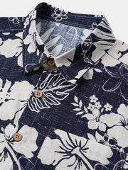 Men's Short Sleeve Cotton Breathable Island Holiday Blossom Pattern Vintage Shirt