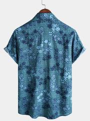 Men's Blue Floral Holiday Casual Pocket Short Sleeve Retro Shirt