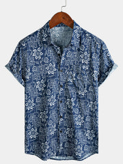 Men's Boho Casual Navy Blue Geometric Floral Print Short Sleeve Shirt