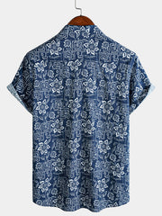 Men's Boho Casual Navy Blue Geometric Floral Print Short Sleeve Shirt