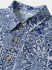 Men’s Summer Beach Vintage Blue Geometric Cotton Casual Breathable Short Sleeve Shirt