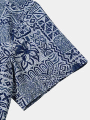 Men’s Summer Beach Vintage Blue Geometric Cotton Casual Breathable Short Sleeve Shirt