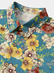 Men’s Summer Beach Vintage Light Blue Blossom Cotton Casual Breathable Short Sleeve Shirt