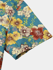 Men’s Summer Beach Vintage Light Blue Blossom Cotton Casual Breathable Short Sleeve Shirt