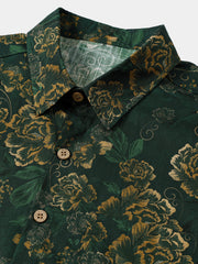 Men’s Vintage Holiday Breathable Dark Green Gold Botanical Cotton Short Sleeve Shirt