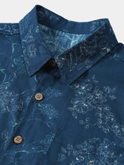 Men's Blue Floral Print Holiday Cotton Summer Short Sleeve Shirt