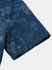 Men's Blue Floral Print Holiday Cotton Summer Short Sleeve Shirt
