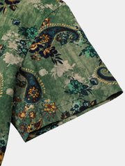Men's Green Paisley Floral Print Vintage Summer Short Sleeve Shirt