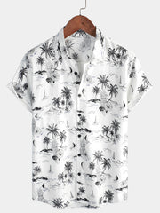 Men's Tropical Pineapple Palm Tree Print Aloha Short Sleeve White Hawaiian Shirt