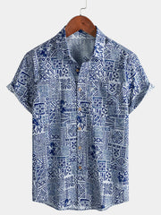 Men’s Summer Beach Vintage Blue Geometric Cotton Casual Breathable Short Sleeve Shirt