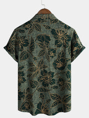 Men's Floral Vintage Green Summer Holiday Button Up Short Sleeve Shirt