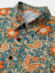 Men's Blue Paisley Floral Print Boho Casual Short Sleeve Shirt