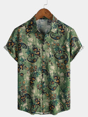 Men's Green Paisley Floral Print Vintage Summer Short Sleeve Shirt