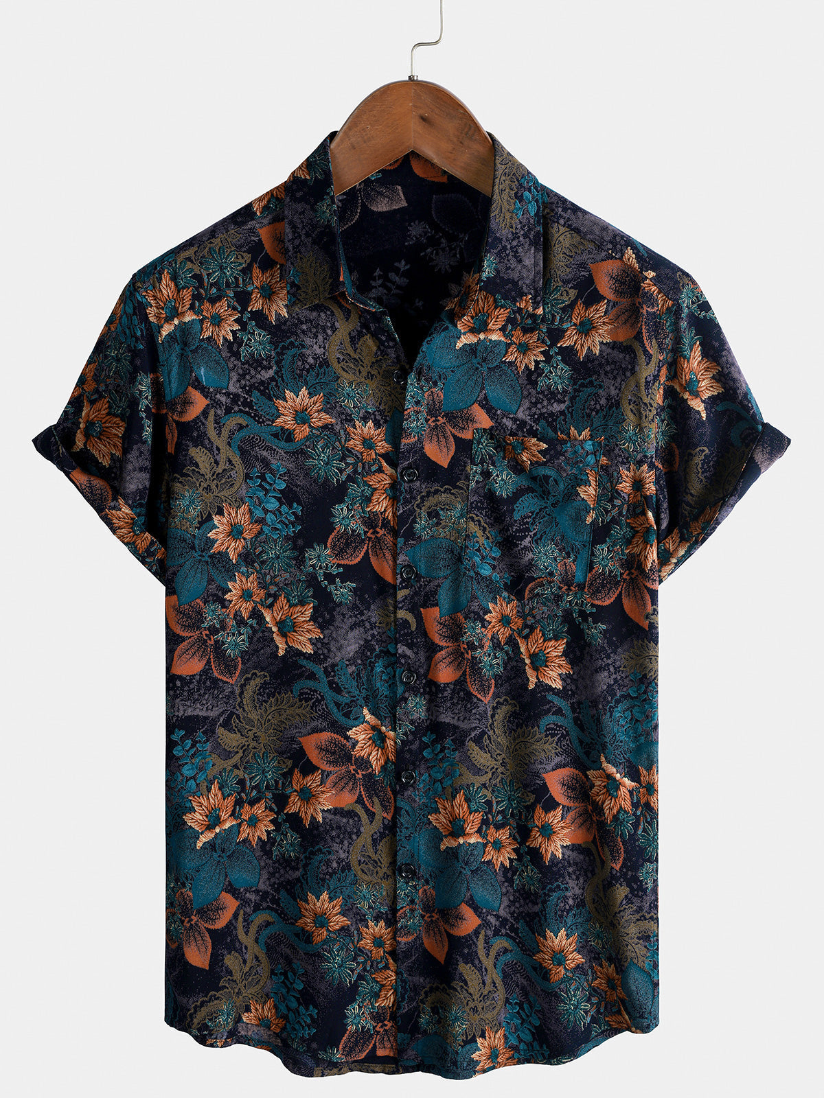 Men's Retro Floral Print Button Vintage Short Sleeve Shirt