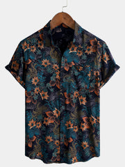 Men's Retro Floral Print Button Vintage Short Sleeve Shirt