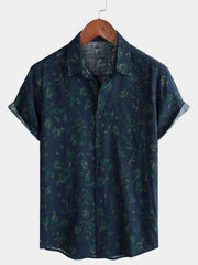 Men's Blue Floral Holiday Casual Pocket Short Sleeve Button Up Shirt