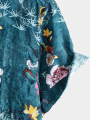 Men's Retro Floral Print Blue Short Sleeve Shirt