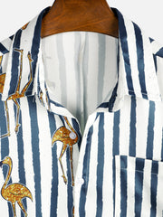 Men's Tropical Flamingo Navy Blue Striped Print Pocket Hawaiian Short Sleeve Shirt