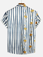 Men's Tropical Flamingo Navy Blue Striped Print Pocket Hawaiian Short Sleeve Shirt