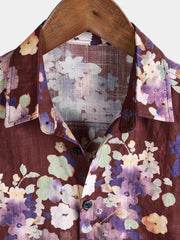 Men's Red Floral Casual Cotton Short Sleeve Beach Shirt