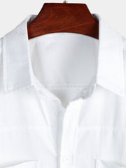 Men's Cotton & Linen Chest Pockets Solid Color Short Sleeve Shirt