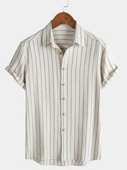 Men's Beige Stripe Linen Casual Short Sleeve Shirt