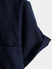 Men's Cotton & Linen Chest Pockets Solid Color Short Sleeve Shirt