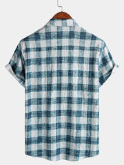 Men's Blue Plaid Casual Short Sleeve Shirt