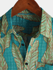 Men's Summer Green Tropical Leaf Hawaiian Short Sleeve Shirt