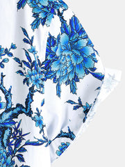 Men's Blue Blossom Holiday Cotton Short Sleeve Shirt