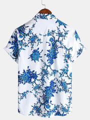 Men's Blue Blossom Holiday Cotton Short Sleeve Shirt