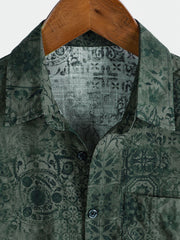 Men's Green Retro Print Pocket Short Sleeve Shirt