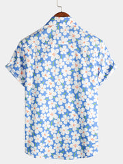 Men's Summer Floral Print Holiday Flower Resort Casual Lapel Light Blue Short Sleeve Shirt