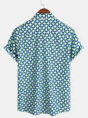 Men's Casual Holiday Geometrie Summer Short Sleeve Blue Button Up Shirt