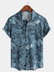Men's Floral Print Vacation Short Sleeve Blue Shirt