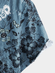 Men's Floral Print Vacation Short Sleeve Blue Shirt
