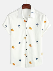 Men's Cotton White Hawaiian Button Up Beach Holiday Summer Short Sleeve Shirt